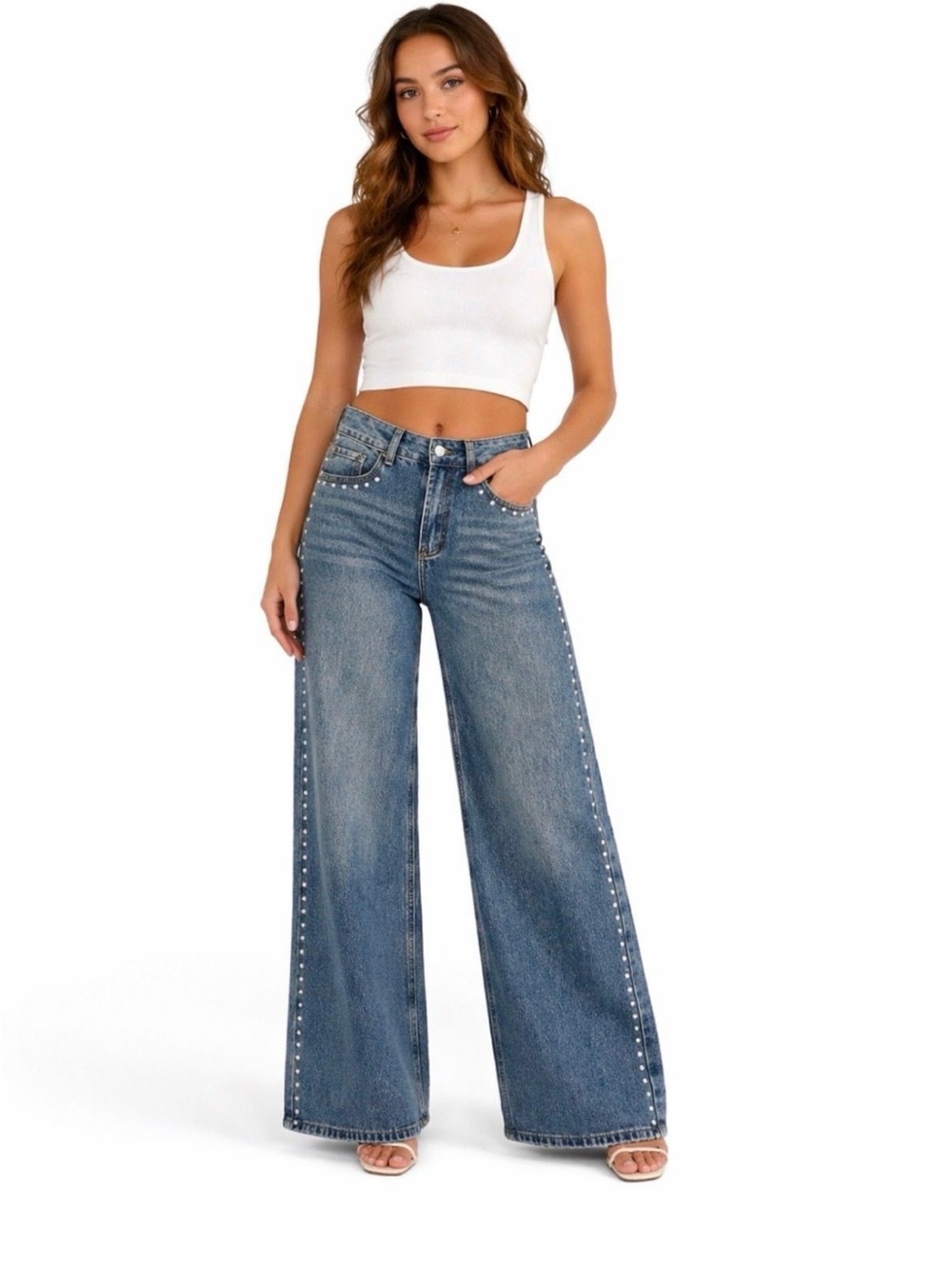 NWT Cali 1850 | 28 | Wide Leg Stud-Trim Jeans - Blue
